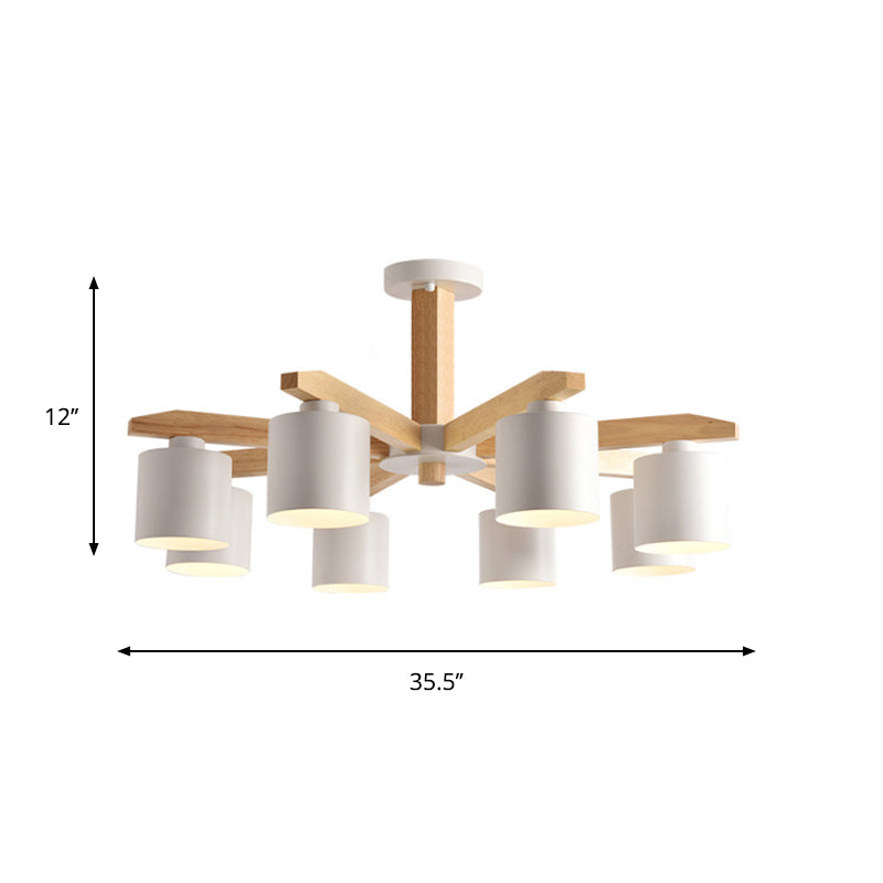 Cylindrical Metal Ceiling Chandelier Nordic 6-Head White/Green/Grey Suspension Lighting with Wood Arm Clearhalo 'Ceiling Lights' 'Chandeliers' Lighting' options 1909900