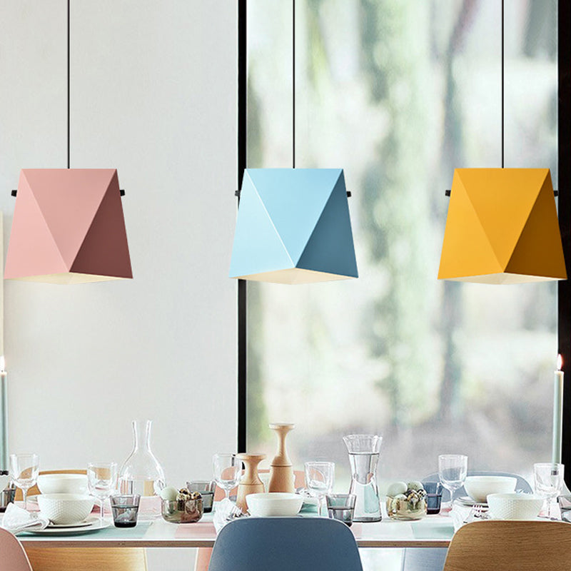 Geometric Shade Down Lighting Pendant Macaron Iron 1 Bulb Dining Room Ceiling Light in Pink/Black/Blue Clearhalo 'Ceiling Lights' 'Pendant Lights' 'Pendants' Lighting' 1909954