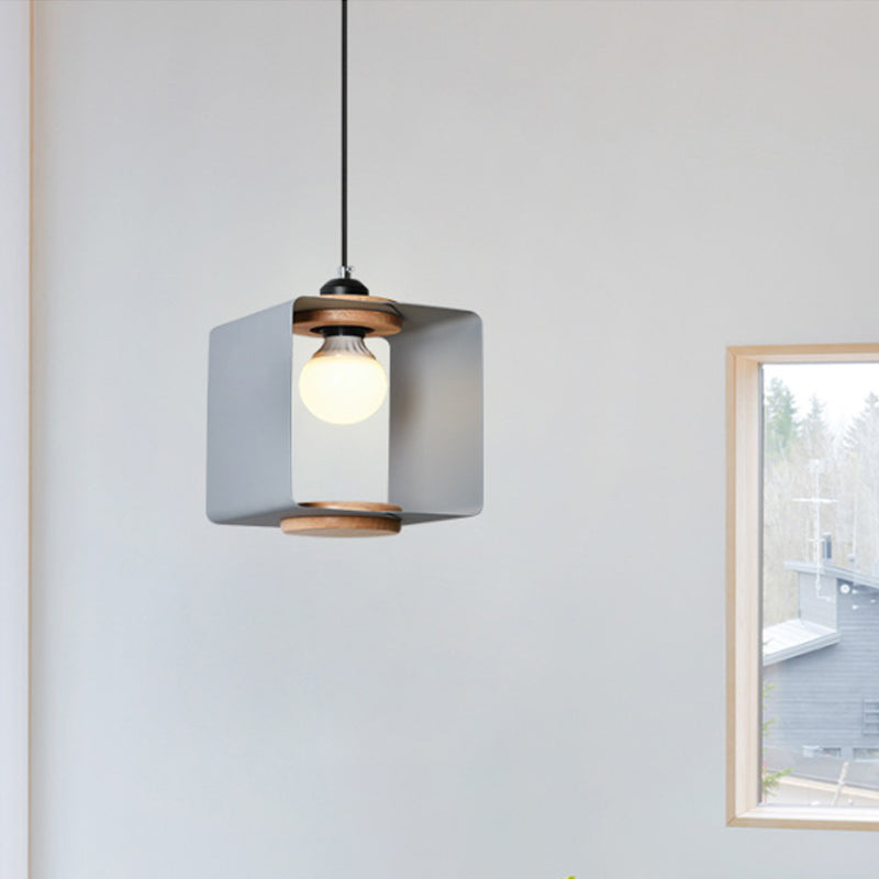 1-Light Bedroom Pendulum Light Macaron Yellow/Blue/White and Wood Hanging Pendant with Square Iron Frame Clearhalo 'Ceiling Lights' 'Pendant Lights' 'Pendants' Lighting' 1909972