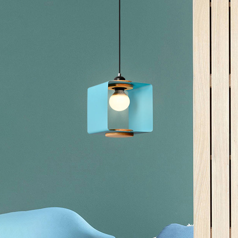 1-Light Bedroom Pendulum Light Macaron Yellow/Blue/White and Wood Hanging Pendant with Square Iron Frame Clearhalo 'Ceiling Lights' 'Pendant Lights' 'Pendants' Lighting' 1909981