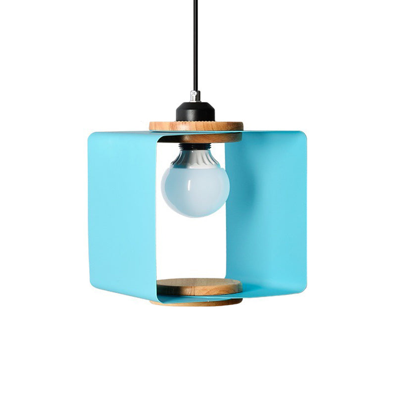 1-Light Bedroom Pendulum Light Macaron Yellow/Blue/White and Wood Hanging Pendant with Square Iron Frame Clearhalo 'Ceiling Lights' 'Pendant Lights' 'Pendants' Lighting' 1909982