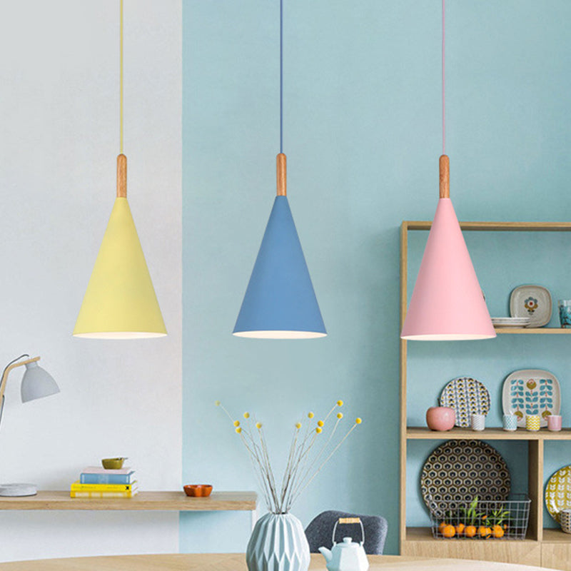 Conical Kindergarten Ceiling Pendant Iron 1-Light Macaron Hanging Light Fixture in Pink/Yellow/Grey with Wood Grip Clearhalo 'Ceiling Lights' 'Pendant Lights' 'Pendants' Lighting' 1910053