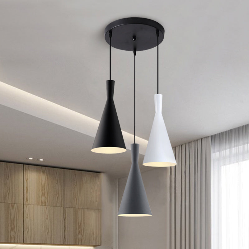 Cluster Funnel Pendant Light Nordic Aluminum 3 Heads Black-Grey-White Suspension Lighting with Round/Linear Canopy Clearhalo 'Ceiling Lights' 'Pendant Lights' 'Pendants' Lighting' 1910073