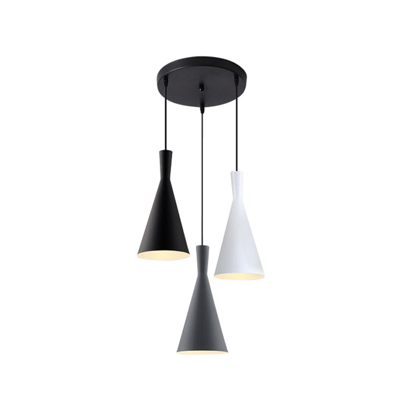 Cluster Funnel Pendant Light Nordic Aluminum 3 Heads Black-Grey-White Suspension Lighting with Round/Linear Canopy Clearhalo 'Ceiling Lights' 'Pendant Lights' 'Pendants' Lighting' 1910076