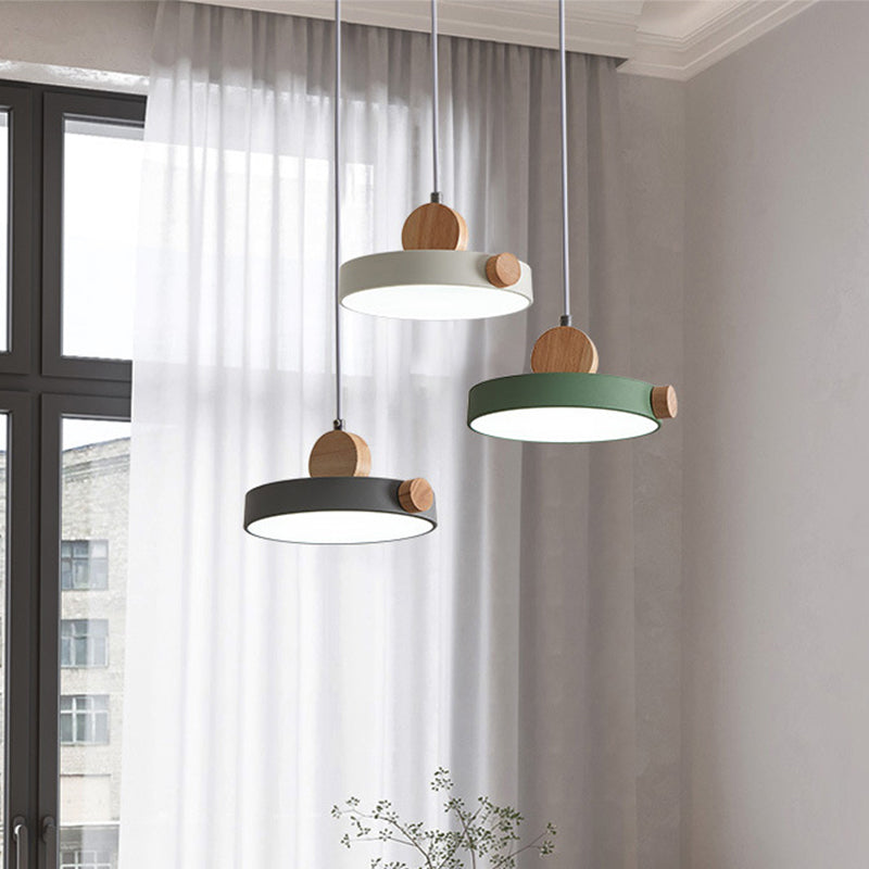 Grey/White/Green Round Hanging Light Nordic LED Acrylic Ceiling Suspension Lamp with Wood Decoration Clearhalo 'Ceiling Lights' 'Pendant Lights' 'Pendants' Lighting' 1910197