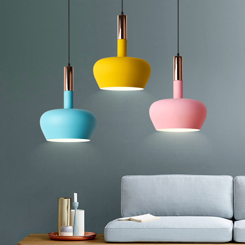 Apple-Shape Down Lighting Pendant Macaron Metallic 1 Light Pink/Blue/Yellow Ceiling Hang Light with Handle Clearhalo 'Ceiling Lights' 'Pendant Lights' 'Pendants' Lighting' 1910343