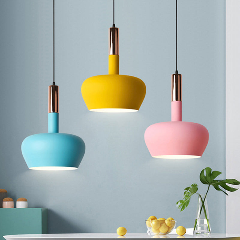 Apple-Shape Down Lighting Pendant Macaron Metallic 1 Light Pink/Blue/Yellow Ceiling Hang Light with Handle Clearhalo 'Ceiling Lights' 'Pendant Lights' 'Pendants' Lighting' 1910344