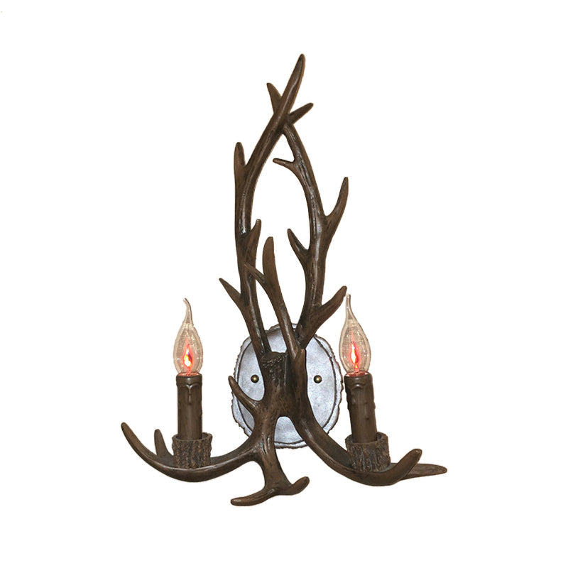 2 Heads Antler Wall Light Fixture Rustic Coffee/Brown/Grey Resin Wall Mounted Lamp with Naked Bulb Design Brown Clearhalo 'Wall Lamps & Sconces' 'Wall Lights' Lighting' 1911092