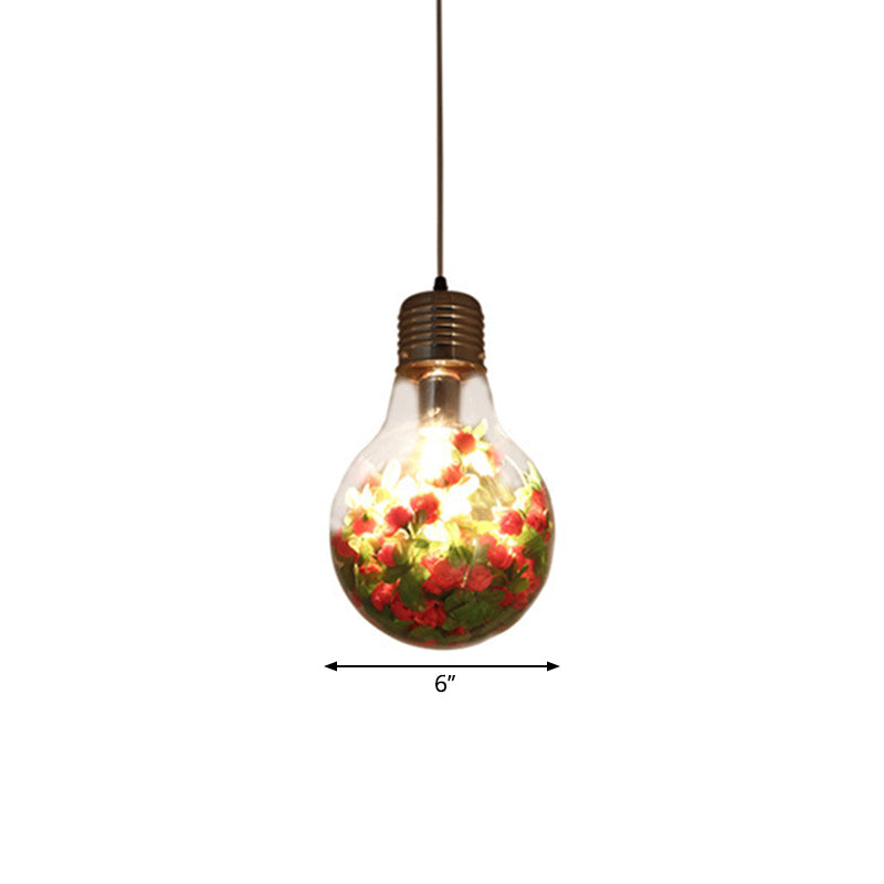 Clear Glass Bulb-Shaped Pendant Light Industrial 1-Light Restaurant Flower Suspension Lamp, 6