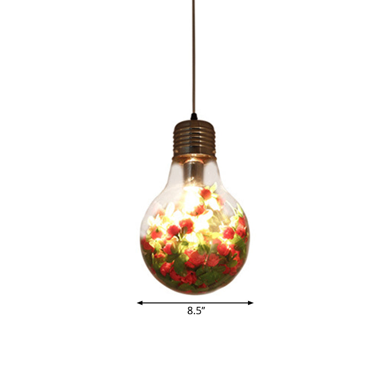 Clear Glass Bulb-Shaped Pendant Light Industrial 1-Light Restaurant Flower Suspension Lamp, 6