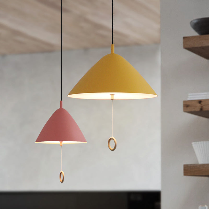 Conical Pull-Chain Hanging Pendant Macaron Metal 1 Bulb Dining Room Ceiling Suspension Lamp in Yellow Clearhalo 'Ceiling Lights' 'Pendant Lights' 'Pendants' Lighting' 1911301