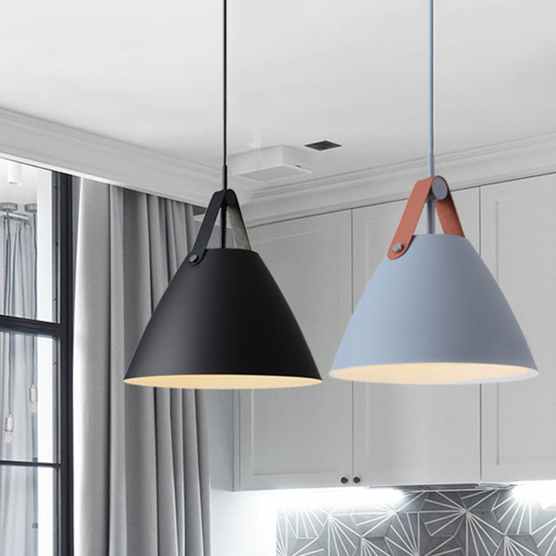 Metal Truncated Cone Drop Pendant Nordic 1-Light Black/Grey/White Suspension Lighting with Leather Strap, 10.5