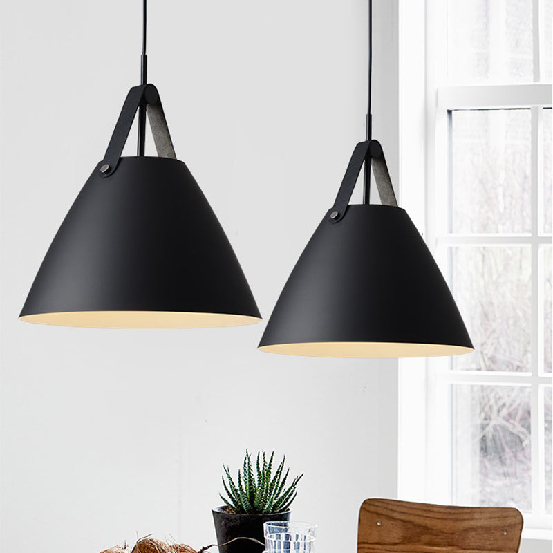 Metal Truncated Cone Drop Pendant Nordic 1-Light Black/Grey/White Suspension Lighting with Leather Strap, 10.5