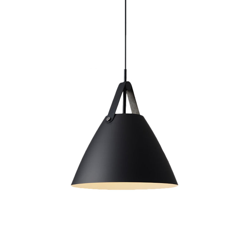 Metal Truncated Cone Drop Pendant Nordic 1-Light Black/Grey/White Suspension Lighting with Leather Strap, 10.5