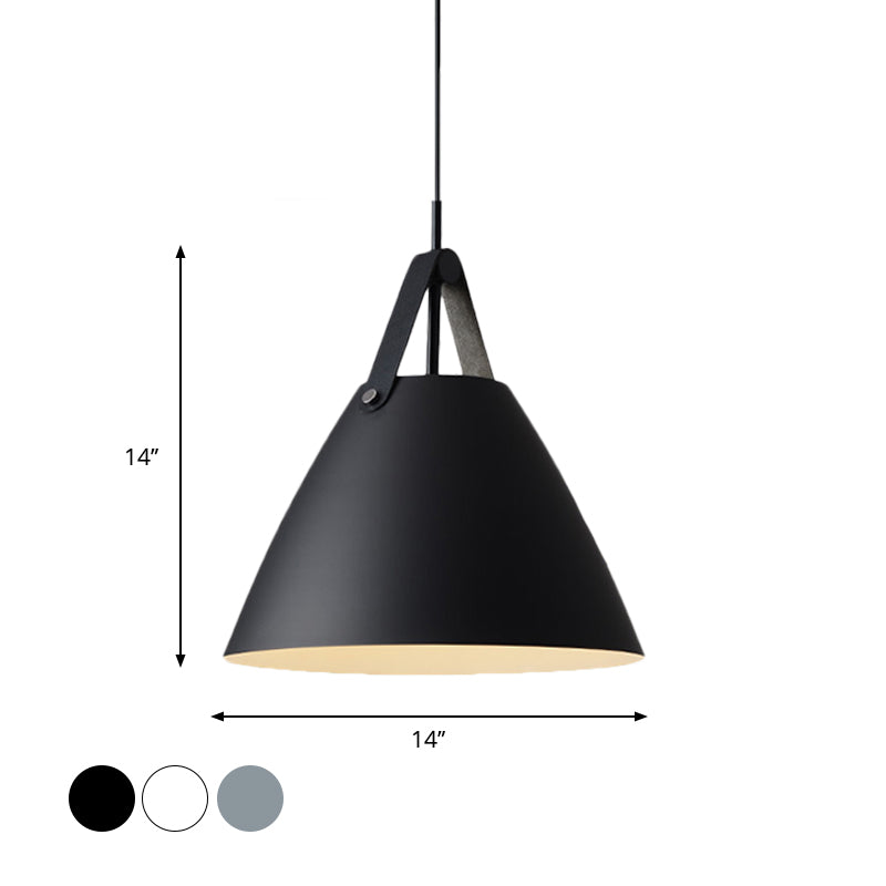 Metal Truncated Cone Drop Pendant Nordic 1-Light Black/Grey/White Suspension Lighting with Leather Strap, 10.5