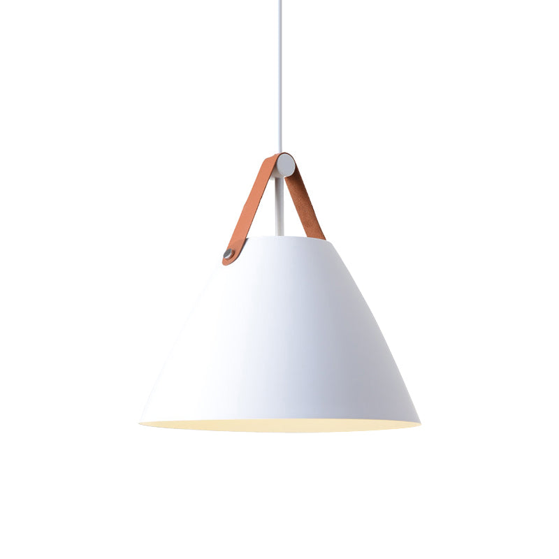 Metal Truncated Cone Drop Pendant Nordic 1-Light Black/Grey/White Suspension Lighting with Leather Strap, 10.5