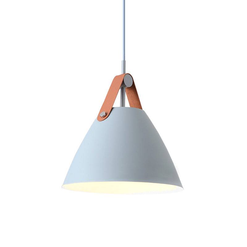 Metal Truncated Cone Drop Pendant Nordic 1-Light Black/Grey/White Suspension Lighting with Leather Strap, 10.5