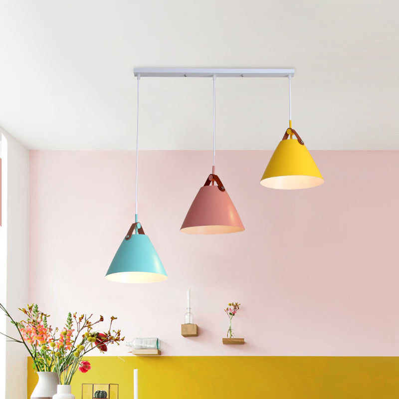 Frustum Shaped Metal Hanging Light Macaron 3 Bulbs Blue-Pink-Yellow/Black-Grey-White Pendant Lamp in Warm/White Light, Round/Linear Canopy Clearhalo 'Ceiling Lights' 'Pendant Lights' 'Pendants' Lighting' 1911319