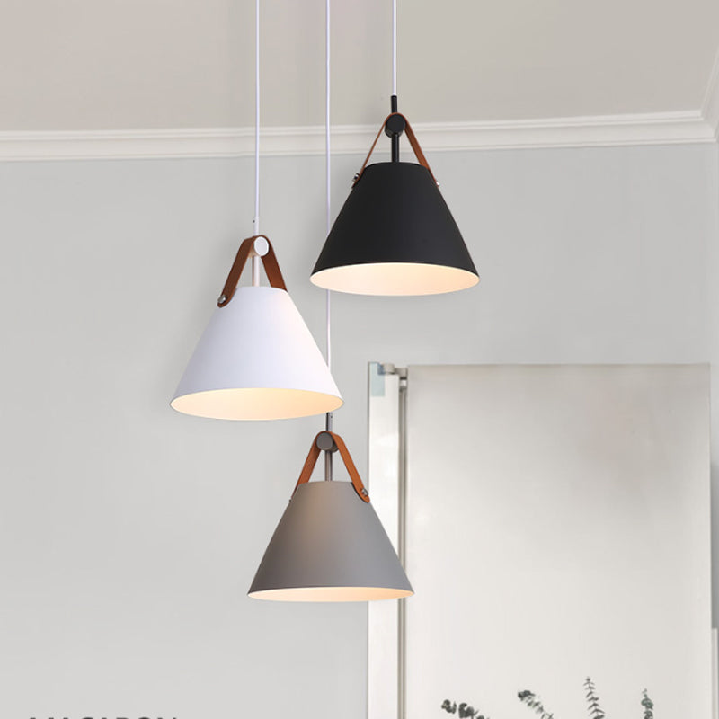 Frustum Shaped Metal Hanging Light Macaron 3 Bulbs Blue-Pink-Yellow/Black-Grey-White Pendant Lamp in Warm/White Light, Round/Linear Canopy Clearhalo 'Ceiling Lights' 'Pendant Lights' 'Pendants' Lighting' 1911332