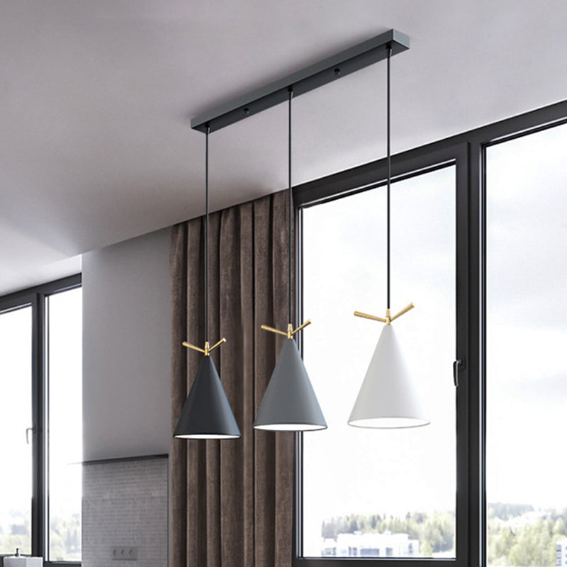 Cone Shade Cluster Pendant Nordic Metallic 3-Light Black/Black-Grey-White/White Hanging Lamp with Antler Decor and Round/Linear Canopy Clearhalo 'Ceiling Lights' 'Pendant Lights' 'Pendants' Lighting' 1911354