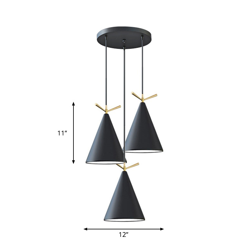 Cone Shade Cluster Pendant Nordic Metallic 3-Light Black/Black-Grey-White/White Hanging Lamp with Antler Decor and Round/Linear Canopy Clearhalo 'Ceiling Lights' 'Pendant Lights' 'Pendants' Lighting' 1911370