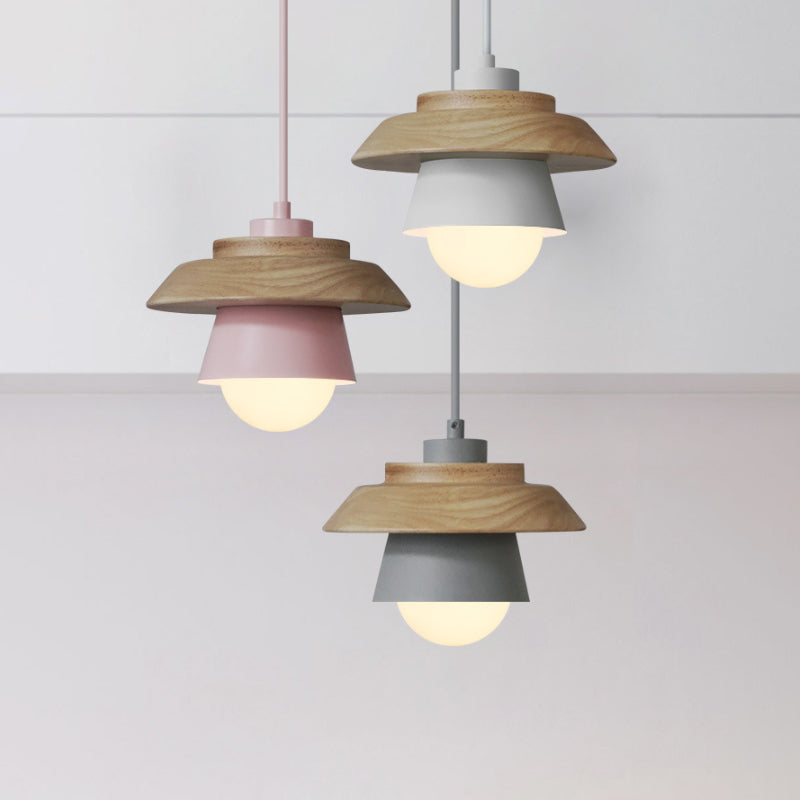 2-Shade Iron Hanging Lamp Kit Macaron Single Pink/Grey/Green and Wood Pendant Lighting Fixture Clearhalo 'Ceiling Lights' 'Pendant Lights' 'Pendants' Lighting' 1911404