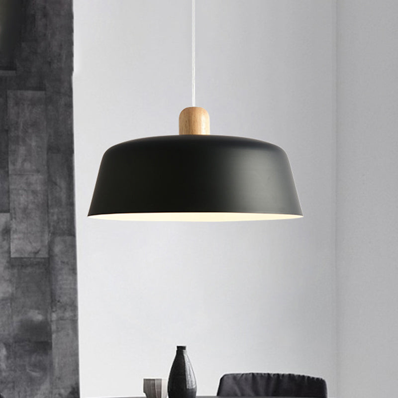 Black/White Flat-Bowl Shaped Pendant Nordic Metal 1 Light Ceiling Hang Lamp with Wood Top Clearhalo 'Ceiling Lights' 'Pendant Lights' 'Pendants' Lighting' 1911433