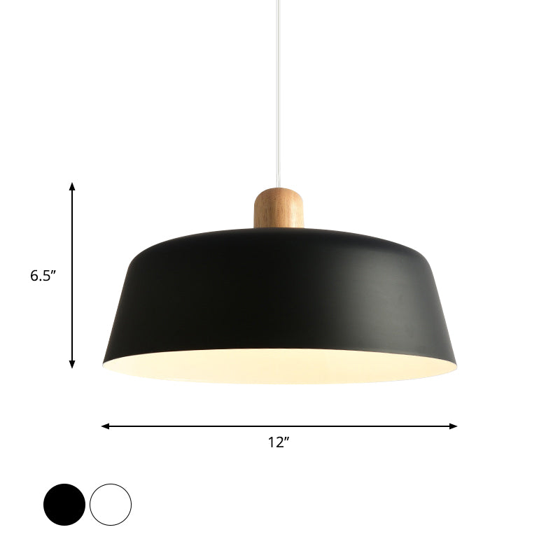 Black/White Flat-Bowl Shaped Pendant Nordic Metal 1 Light Ceiling Hang Lamp with Wood Top Clearhalo 'Ceiling Lights' 'Pendant Lights' 'Pendants' Lighting' 1911435