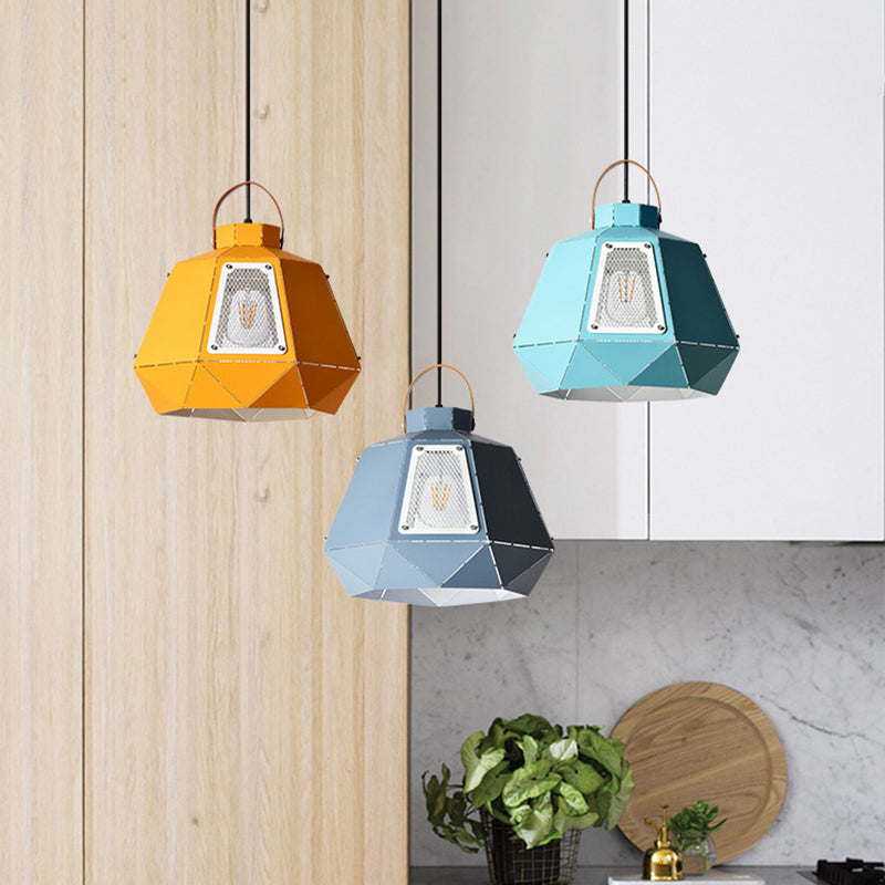 Macaron Laser-Cut Pot Pendant Light Kit Iron 1 Head Pink/Yellow/Blue Suspension Lighting with Mesh Screen Clearhalo 'Ceiling Lights' 'Pendant Lights' 'Pendants' Lighting' 1911462