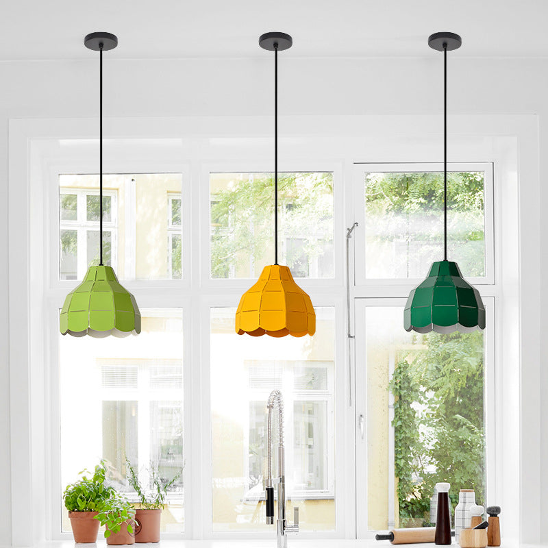 Laser Cut Floral Aluminum Drop Pendant Macaron 1 Bulb Green/Yellow/Grey Hanging Light Fixture Clearhalo 'Ceiling Lights' 'Pendant Lights' 'Pendants' Lighting' 1911487