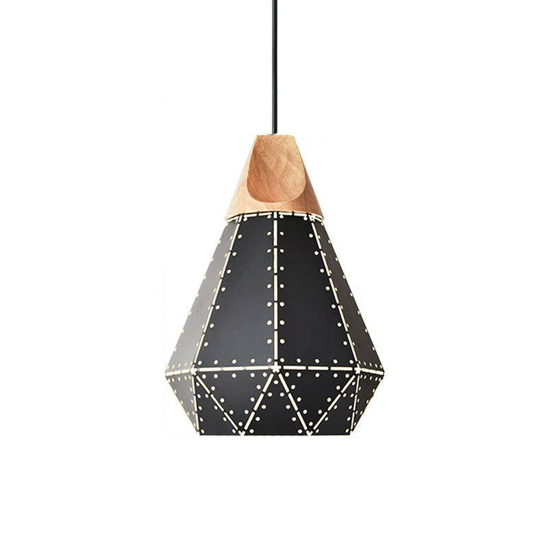 Diamond Iron Hanging Pendant Macaron 1-Light Grey/White/Blue and Wood Suspension Lamp with Laser Cut Design Clearhalo 'Ceiling Lights' 'Pendant Lights' 'Pendants' Lighting' 1911510