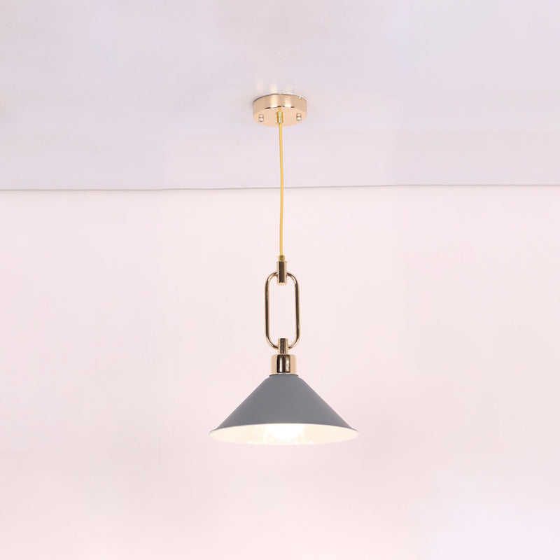 Rolled-Edge Cone Pendant Lamp Macaron Metal 1 Bulb Pink/Grey/White Hanging Ceiling Light with Buckle Top Clearhalo 'Ceiling Lights' 'Pendant Lights' 'Pendants' Lighting' 1911570