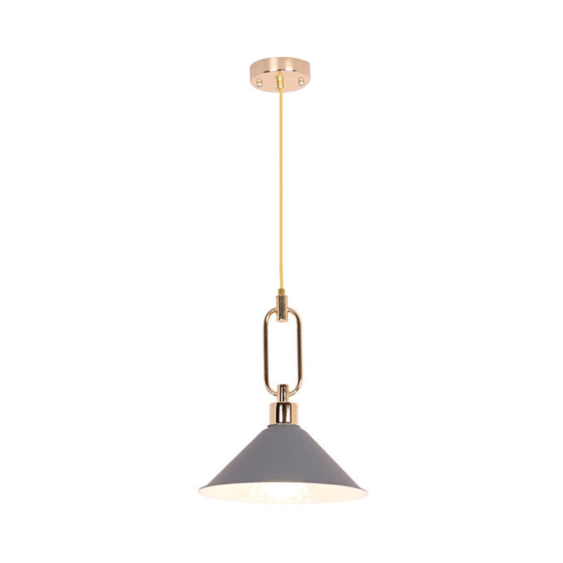 Rolled-Edge Cone Pendant Lamp Macaron Metal 1 Bulb Pink/Grey/White Hanging Ceiling Light with Buckle Top Clearhalo 'Ceiling Lights' 'Pendant Lights' 'Pendants' Lighting' 1911571