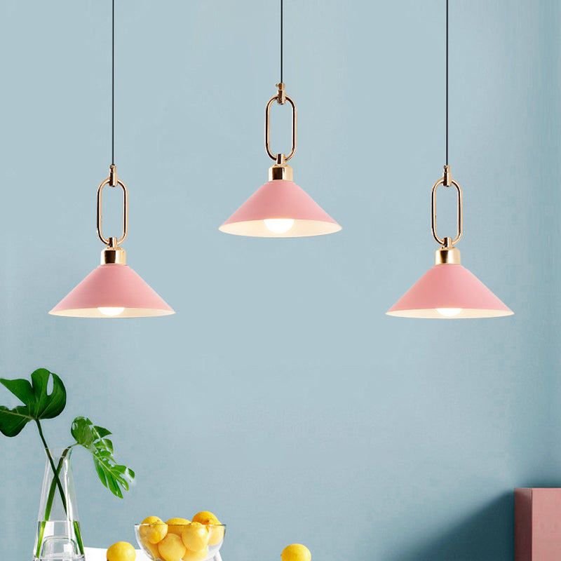 Black/Pink/Blue Cone Hanging Light Macaron 1/3-Light Metal Buckle Pendant Ceiling Lamp over Dining Table Clearhalo 'Ceiling Lights' 'Pendant Lights' 'Pendants' Lighting' 1911577