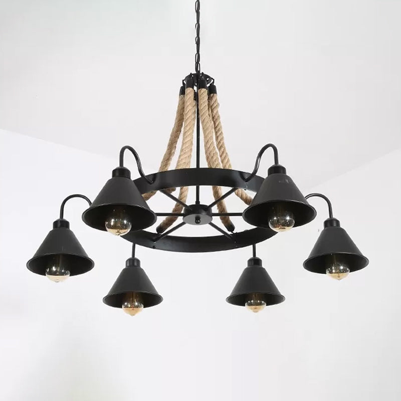 Wheel Restaurant Chandelier Lighting Loft Style Rope 6/8 Heads Brown Pendant Light with Cone Metal Shade Clearhalo 'Ceiling Lights' 'Chandeliers' 'Industrial Chandeliers' 'Industrial' 'Middle Century Chandeliers' 'Tiffany' Lighting' 1911648