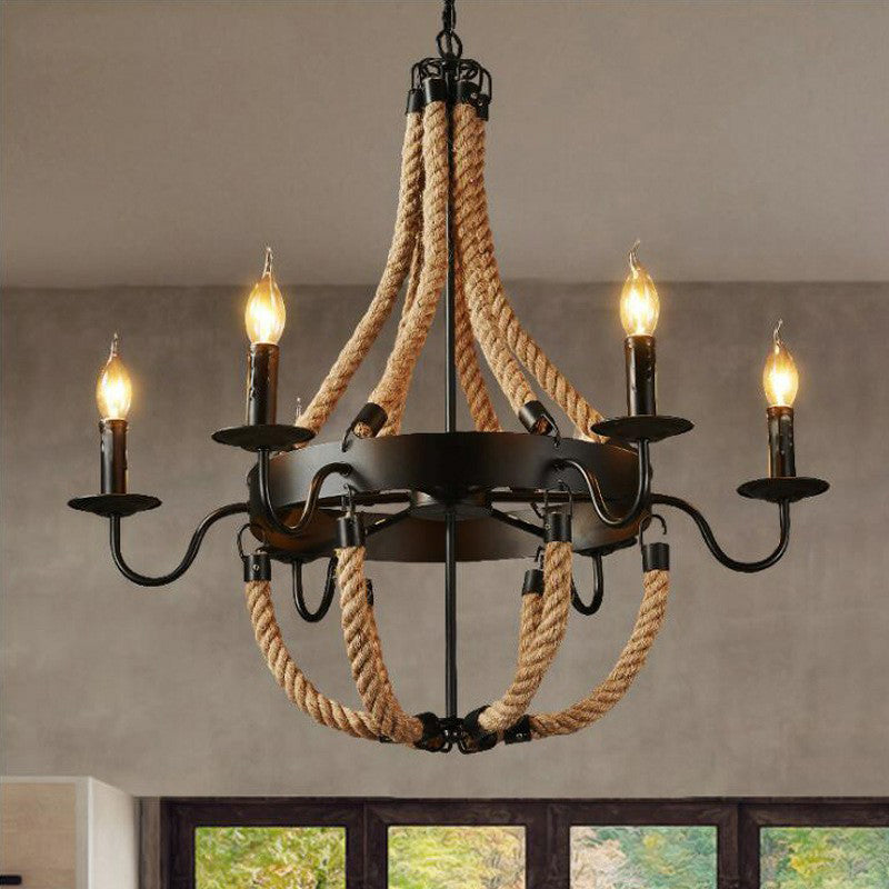 Rope Basket Chandelier Light Fixture Farmhouse 6/8 Bulbs Living Room Ceiling Pendant in Brown 6 Brown Clearhalo 'Cast Iron' 'Ceiling Lights' 'Chandeliers' 'Industrial Chandeliers' 'Industrial' 'Metal' 'Middle Century Chandeliers' 'Rustic Chandeliers' 'Tiffany' Lighting' 1911655