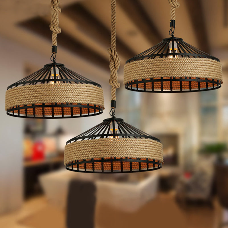 Barn Caged Dining Room Ceiling Pendant Rustic Rope 1-Light Brown Hanging Light Fixture, 12