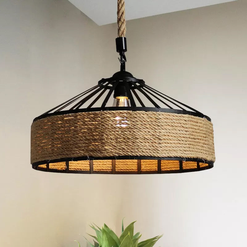 Barn Caged Dining Room Ceiling Pendant Rustic Rope 1-Light Brown Hanging Light Fixture, 12