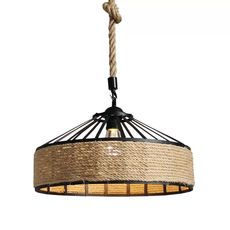 Barn Caged Dining Room Ceiling Pendant Rustic Rope 1-Light Brown Hanging Light Fixture, 12