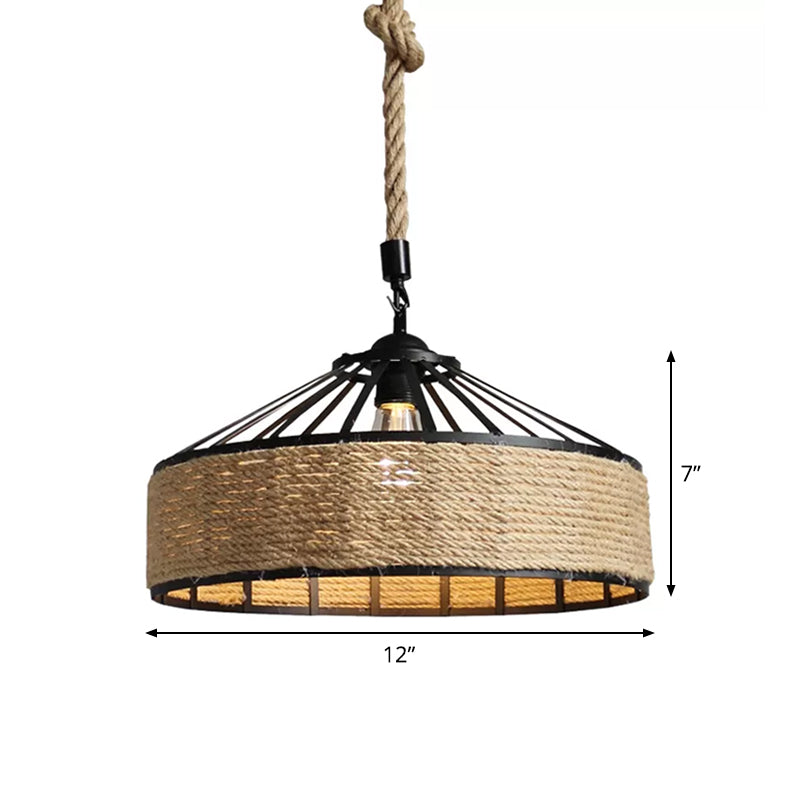 Barn Caged Dining Room Ceiling Pendant Rustic Rope 1-Light Brown Hanging Light Fixture, 12