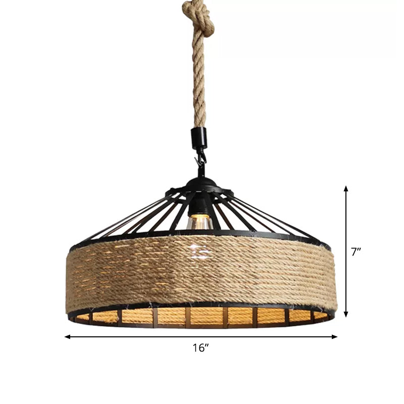 Barn Caged Dining Room Ceiling Pendant Rustic Rope 1-Light Brown Hanging Light Fixture, 12