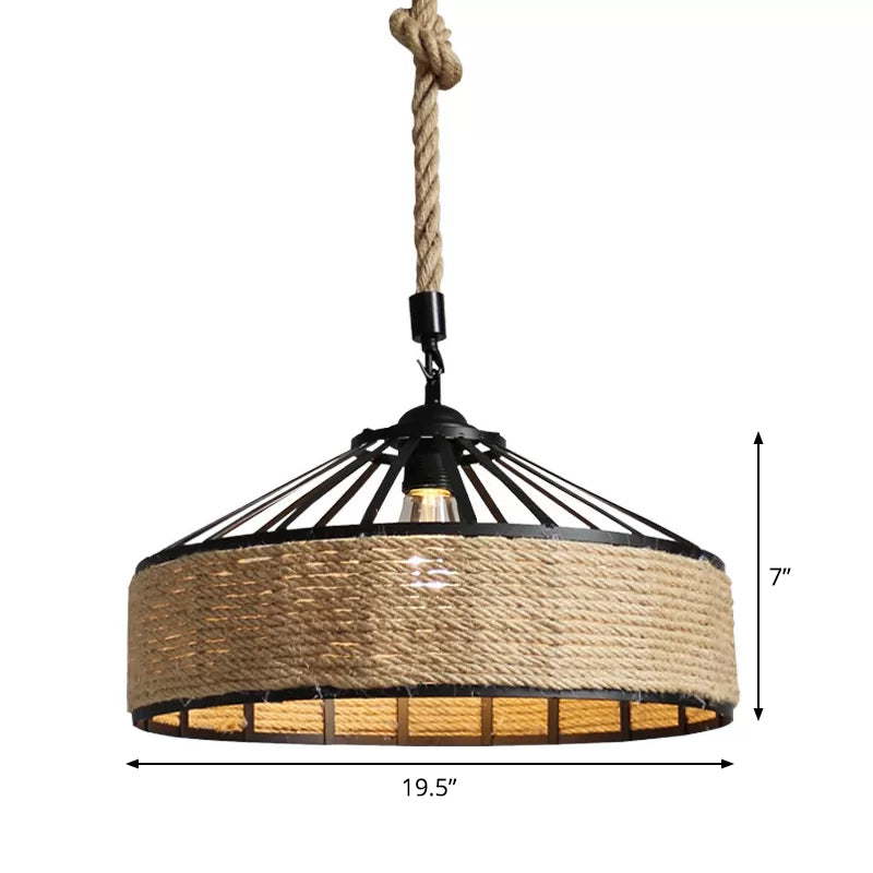 Barn Caged Dining Room Ceiling Pendant Rustic Rope 1-Light Brown Hanging Light Fixture, 12