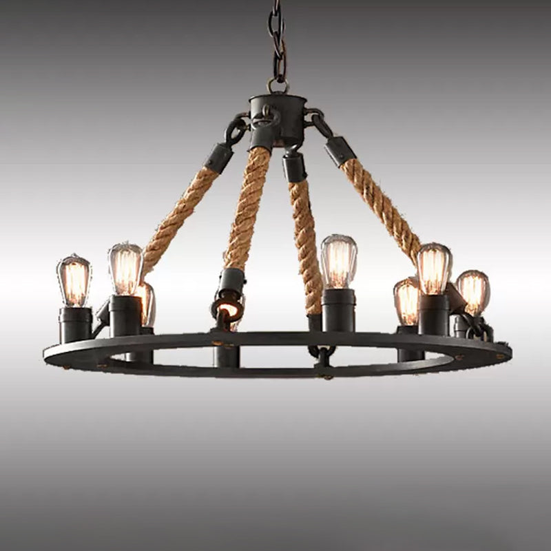 Black Wagon Wheel Chandelier Pendant Industrial Hemp Rope 6/8 Lights Living Room Ceiling Hang Lamp 8 Black Clearhalo 'Cast Iron' 'Ceiling Lights' 'Chandeliers' 'Industrial Chandeliers' 'Industrial' 'Metal' 'Middle Century Chandeliers' 'Rustic Chandeliers' 'Tiffany' Lighting' 1911783