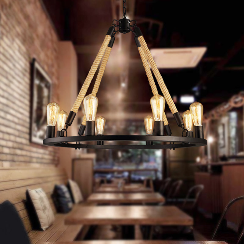 Black Wagon Wheel Chandelier Pendant Industrial Hemp Rope 6/8 Lights Living Room Ceiling Hang Lamp Clearhalo 'Cast Iron' 'Ceiling Lights' 'Chandeliers' 'Industrial Chandeliers' 'Industrial' 'Metal' 'Middle Century Chandeliers' 'Rustic Chandeliers' 'Tiffany' Lighting' 1911785