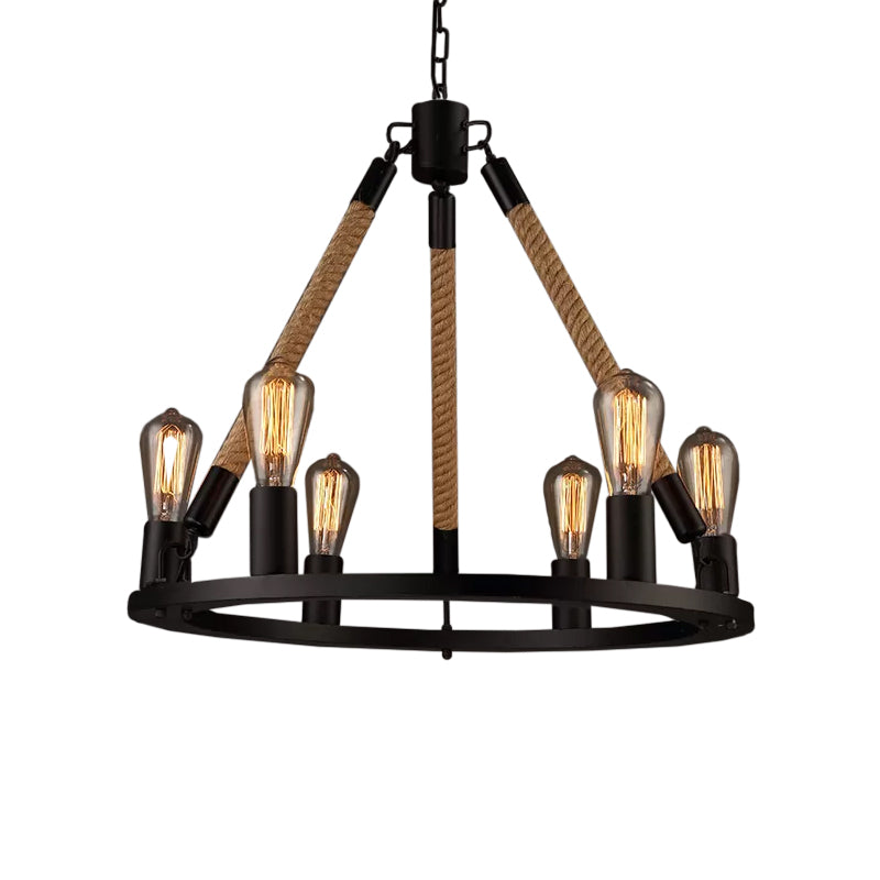 Black Wagon Wheel Chandelier Pendant Industrial Hemp Rope 6/8 Lights Living Room Ceiling Hang Lamp 6 Black Clearhalo 'Cast Iron' 'Ceiling Lights' 'Chandeliers' 'Industrial Chandeliers' 'Industrial' 'Metal' 'Middle Century Chandeliers' 'Rustic Chandeliers' 'Tiffany' Lighting' 1911789