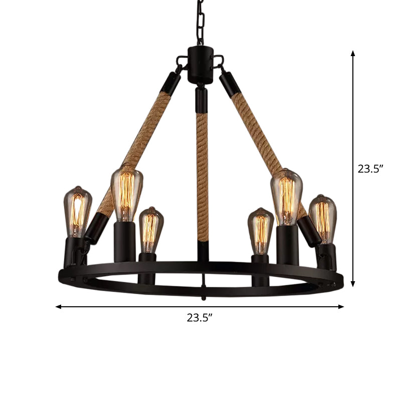 Black Wagon Wheel Chandelier Pendant Industrial Hemp Rope 6/8 Lights Living Room Ceiling Hang Lamp Clearhalo 'Cast Iron' 'Ceiling Lights' 'Chandeliers' 'Industrial Chandeliers' 'Industrial' 'Metal' 'Middle Century Chandeliers' 'Rustic Chandeliers' 'Tiffany' Lighting' 1911791