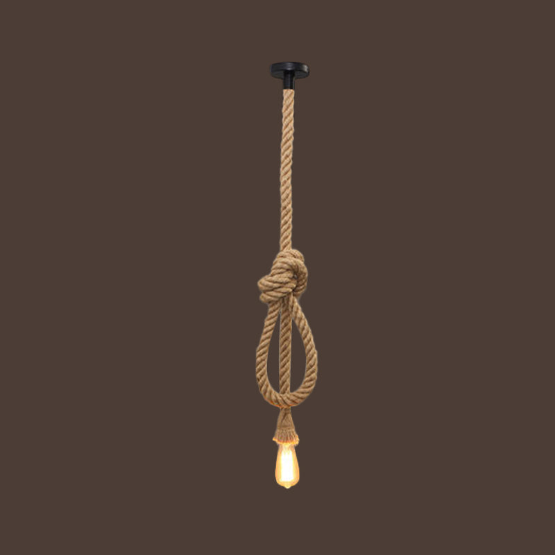 Hemp Rope Knot Brown Hanging Lamp Bare Bulb Design 1 Head Farmhouse Ceiling Pendant Light Clearhalo 'Ceiling Lights' 'Industrial Pendants' 'Industrial' 'Middle Century Pendants' 'Pendant Lights' 'Pendants' 'Tiffany' Lighting' 1911841