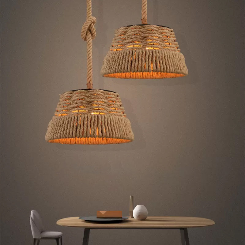 Hand-Weaving Rope Tapered Pendant Rustic 1 Bulb Country Club Ceiling Hang Light in Brown Brown Clearhalo 'Ceiling Lights' 'Industrial Pendants' 'Industrial' 'Middle Century Pendants' 'Pendant Lights' 'Pendants' 'Tiffany' Lighting' 1911852