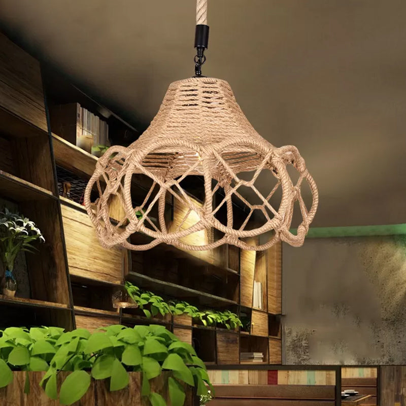 Brown Single-Bulb Pendant Light Fixture Lodge Hemp Rope Hand-Knit Floral Hanging Ceiling Light Brown Clearhalo 'Ceiling Lights' 'Industrial Pendants' 'Industrial' 'Middle Century Pendants' 'Pendant Lights' 'Pendants' 'Tiffany' Lighting' 1911872