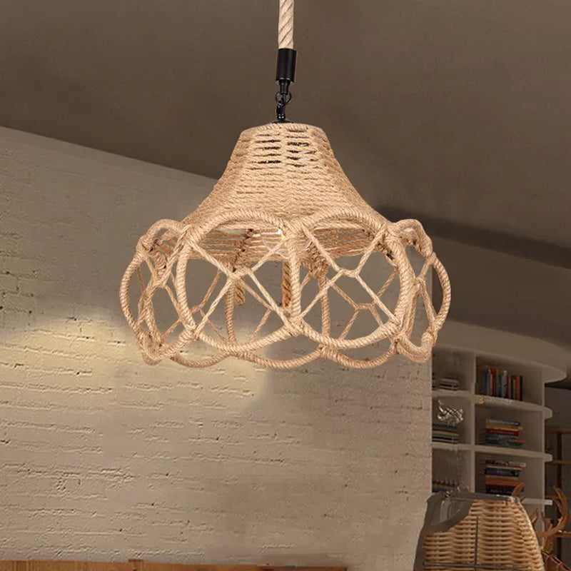 Brown Single-Bulb Pendant Light Fixture Lodge Hemp Rope Hand-Knit Floral Hanging Ceiling Light Clearhalo 'Ceiling Lights' 'Industrial Pendants' 'Industrial' 'Middle Century Pendants' 'Pendant Lights' 'Pendants' 'Tiffany' Lighting' 1911873